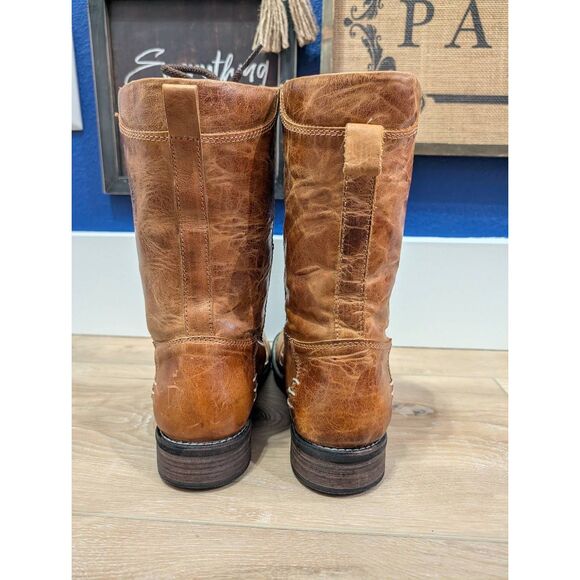 Bed Stu Medallion Lace Up Combat Moto Boots Women’s 8.5 Tan Leather Mid Calf - Picture 3 of 12